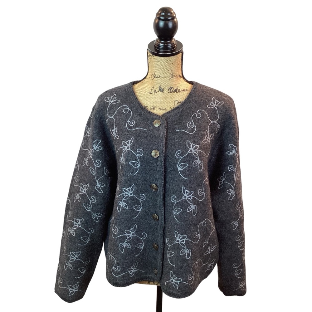 Vintage Tally-Ho XL Wool Floral Stitching Button Cardigan Sweater Gray